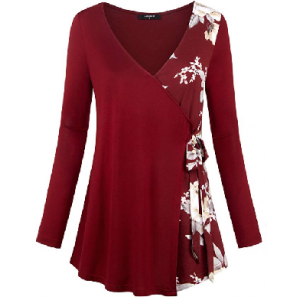 Get Women's Long Sleeve Wrap Tops V Neck Floral Print Tunic Blouses $16.99 At Amazon
