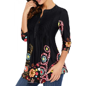 Get Womens 3/4 Sleeve Roundneck Floral Tunic Tops Loose Blouse Button up Shirts $20.99 At Amazon