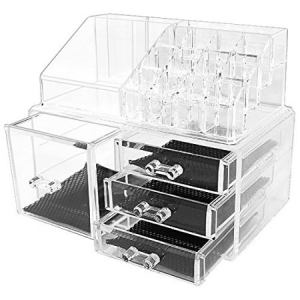 Clear Acrylic Cosmetics Jewelry Organizer 4 Drawers with 16 Compartments Top Section $24.99 At Walmart