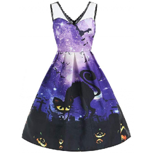 Women Sleeveless Galaxy Print Cat Halloween Evening Prom Costume Swing Dress $8.59 At Amazon