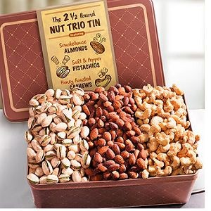 Father's Day Two and a Half Pound Smoky^ Savory and Sweet Nut Trio in Keepsake Tin $39.95.