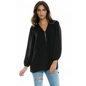 Elan Princess Shoulder Top with Front Zipper in Black PRE-ORDER at $65.00