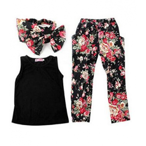 Combo Offer : Buy Jastore Girls Sets 3PCS Sleeveless Shirt/Tops + Floral Pants + Headband Clothes At $12.99