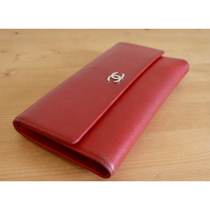 Used Authentic CHANEL CC Logo Etched Long Trifold Wallet Caviar Leather Red At $379